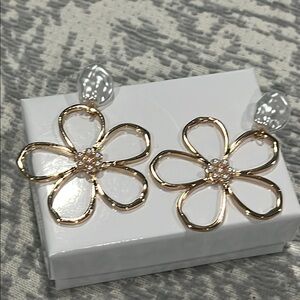 Gold Floral Statement Earrings with Rhinestone Center